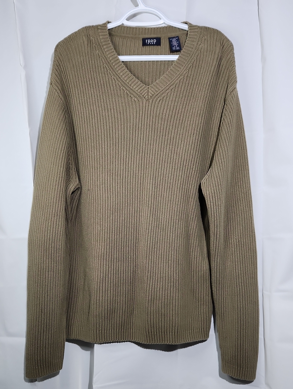 Izod Jeans Men's Olive Green/Brown Ribbed Knit 100% Cotton V-Neck Sweater- Large